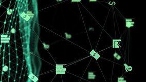 Digital animation of Globe of finance icons spinning over glowing green digital wave against black background. Global networking and business concept - Powered by Shutterstock - Get 15% off with code: PIKWIZARD15