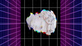 Animation of head sculpture with interference over colorful shapes on black background. Abstract, light, pattern and movement concept digitally generated video. - Powered by Shutterstock - Get 15% off with code: PIKWIZARD15