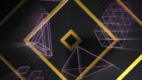Animation of 3d geometric shapes over gold line squares on black background. Digital interface, design, technology and retro future concept digitally generated video. - Powered by Shutterstock - Get 15% off with code: PIKWIZARD15