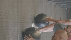 Animation of graph processing data over diverse male group cross training with medicine balls at gym. Fitness, exercise, strength, data, digital interface and technology digitally generated video. - Powered by Shutterstock - Get 15% off with code: PIKWIZARD15