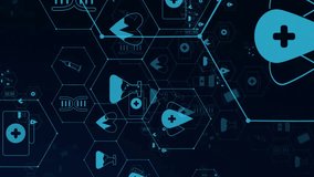 Animation of icons and scientific data processing on dark background. Global medicine, science, connections, computing and data processing concept digitally generated video. - Powered by Shutterstock - Get 15% off with code: PIKWIZARD15