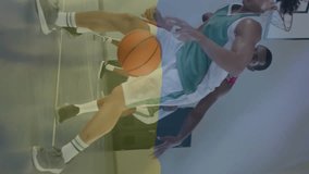 Animation of flag of ukraine over diverse basketball players on court. Global sports, competition, connections, computing and data processing concept digitally generated video. - Powered by Shutterstock - Get 15% off with code: PIKWIZARD15