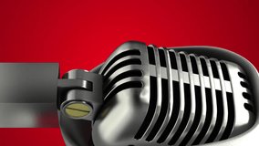 Animation of christmas winter scenery with santa hat over retro microphone, white christmas trees and snow falling on red background. christmas festivity celebration concept digitally generated image. - Powered by Shutterstock - Get 15% off with code: PIKWIZARD15