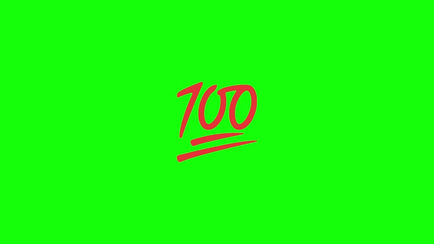 Animated hundred points emoji on a bright green screen background. The emoji shows a bold red ‘100’ underlined twice, written in a brushstroke style. It bounces slightly, glows, or pulses with energy.