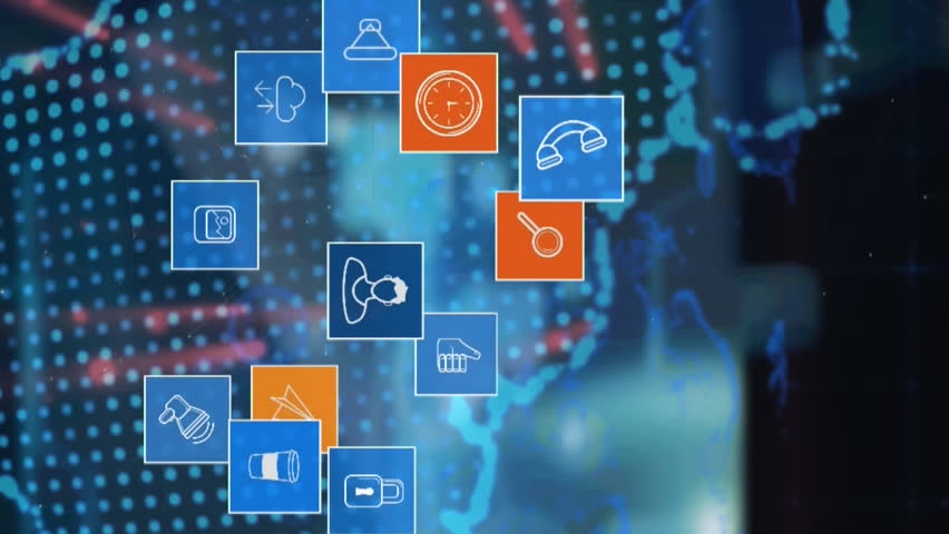 Animation of globe, world map, icons and data in black digital space. Global network, data processing, and technology concept digitally generated video. - Powered by Shutterstock - Get 15% off with code: PIKWIZARD15