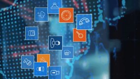 Animation of globe, world map, icons and data in black digital space. Global network, data processing, and technology concept digitally generated video. - Powered by Shutterstock - Get 15% off with code: PIKWIZARD15