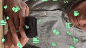 Animation of globe with network of connections and icons over caucasian man using smartphone. Global connections, networks and data processing concept digitally generated video. - Powered by Shutterstock - Get 15% off with code: PIKWIZARD15