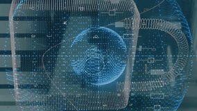 Animation of data processing over security padlock icon and spinning globes against empty office. Cyber security and business technology concept - Powered by Shutterstock - Get 15% off with code: PIKWIZARD15