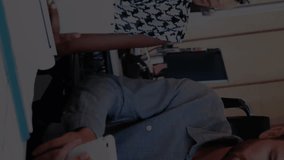 Animation of graphs and trading board over diverse coworkers discussing reports on digital tablet. Digital composite, multiple exposure, stock market, business, teamwork, office, technology concept. - Powered by Shutterstock - Get 15% off with code: PIKWIZARD15