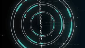 Animation of data processing and neon round scanner spinning against black background. Computer interface and business technology concept - Powered by Shutterstock - Get 15% off with code: PIKWIZARD15