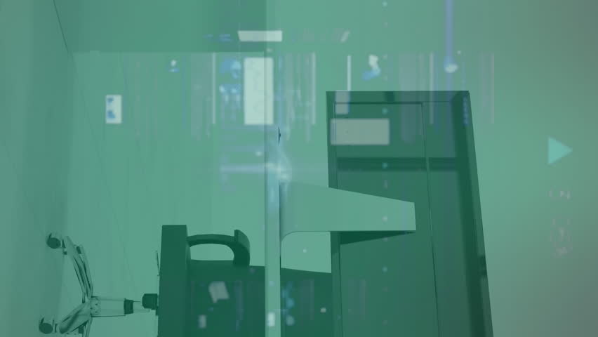 Animation of neon ticking clock and data processing against office desk. Computer interface and business technology concept - Powered by Shutterstock - Get 15% off with code: PIKWIZARD15