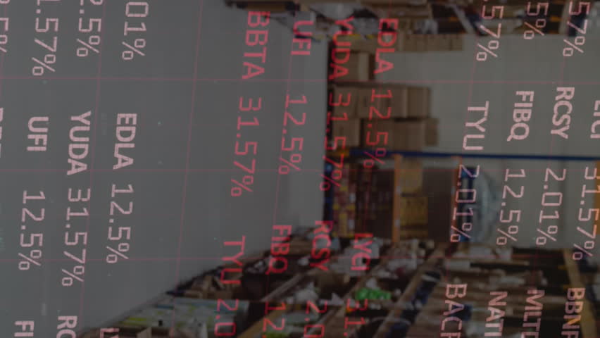 Animation of stock market and financial data processing over empty warehouse. global shipping, delivery and connections concept digitally generated video. - Powered by Shutterstock - Get 15% off with code: PIKWIZARD15