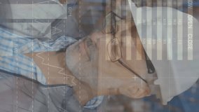 Animation of financial data processing over caucasian senior male supervisor smiling at warehouse. Logistics and business technology concept - Powered by Shutterstock - Get 15% off with code: PIKWIZARD15