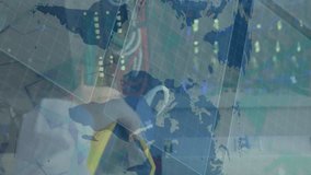 Animation of data processing and world map over caucasian man in server room. Global business, computing and digital interface concept digitally generated video. - Powered by Shutterstock - Get 15% off with code: PIKWIZARD15