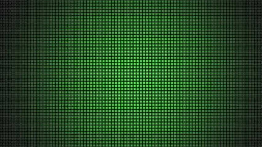 Looping animation of a green pixel grid with a flicker effect. Retro-style computer screen texture in seamless motion on dark background.	