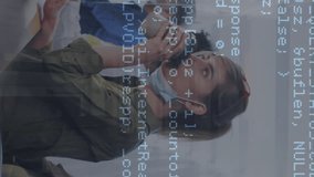 Animation of financial data processing over business people wearing face masks working in office. Global covid 19, computing, finance, business and data processing concept digitally generated video. - Powered by Shutterstock - Get 15% off with code: PIKWIZARD15