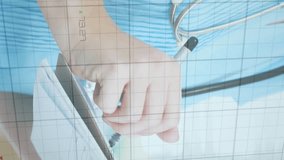 Animation of graph and numbers over female caucasian doctors writing on clipboard and shaking hands. Digital composite, multiple exposure, report, finance, loss, medical and healthcare concept. - Powered by Shutterstock - Get 15% off with code: PIKWIZARD15