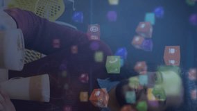 Animation of digital icons and mathematical equations over man sitting at a cafe. Global networking and business technology concept - Powered by Shutterstock - Get 15% off with code: PIKWIZARD15