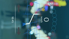 Animation of electric car speedometer data processing over city. Global car travel, business, finances, computing and data processing concept digitally generated video. - Powered by Shutterstock - Get 15% off with code: PIKWIZARD15