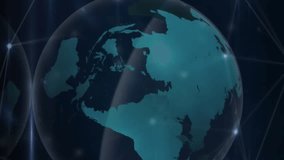 Animation of glowing network of connections and light trails over spinning globe on blue background. Global networking and business technology concept - Powered by Shutterstock - Get 15% off with code: PIKWIZARD15