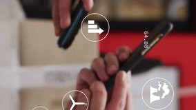 Animation of ecology symbols and data processing over diverse people paying with smartphone. Global technology, finances, computing and digital interface concept digitally generated video. - Powered by Shutterstock - Get 15% off with code: PIKWIZARD15