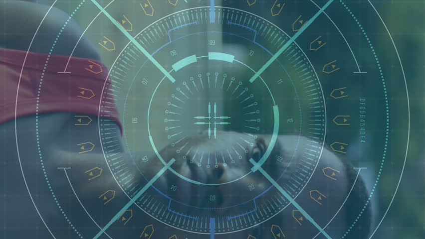 Animation of digital data processing over male athlete jumping. global sports, competition and digital interface concept digitally generated video.