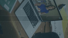 Animation of scanner processing data over two diverse colleagues making video call on laptop. Global communication network, digital interface and business data concept digitally generated video. - Powered by Shutterstock - Get 15% off with code: PIKWIZARD15