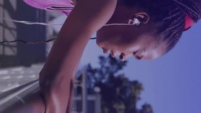 Animation of screens with data processing over african american woman exercising. Global connections, computing, digital interface and data processing concept digitally generated video. - Powered by Shutterstock - Get 15% off with code: PIKWIZARD15