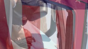 Animation of flag of usa over caucasian woman in car on beach. American patriotism, diversity and vacation concept digitally generated video. - Powered by Shutterstock - Get 15% off with code: PIKWIZARD15