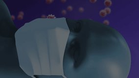 Animation of human head model wearing face mask with numbers increasing and Covid 19 cells floating on purple background. Global coronavirus Covid 19 pandemic concept digitally generated image. - Powered by Shutterstock - Get 15% off with code: PIKWIZARD15