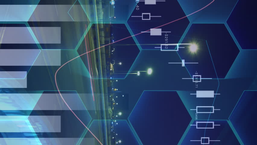 Animation of financial data processing over hexagons and cityscape at night. digital interface global connection concept digitally generated video. - Powered by Shutterstock - Get 15% off with code: PIKWIZARD15