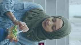 Animation of a network of connected media icons with woman wearing hijab eating in street. communication technology digital interface concept, digitally generated video. - Powered by Shutterstock - Get 15% off with code: PIKWIZARD15