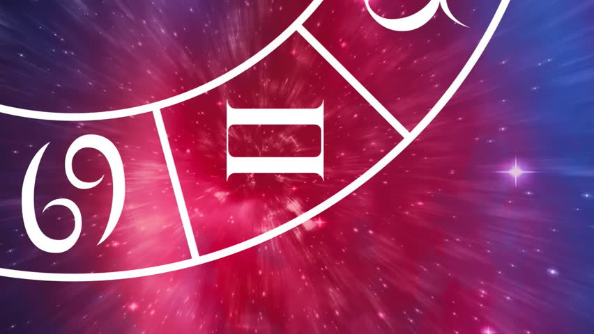 Composition of pisces star sign symbol in spinning zodiac wheel over glowing stars. horoscope and zodiac sign concept digitally generated video.