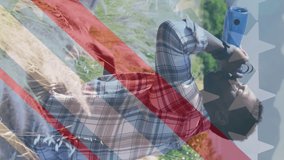 Animation of american flag over african american man drinking water in mountains. patriotism and celebration concept digitally generated image. - Powered by Shutterstock - Get 15% off with code: PIKWIZARD15