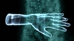 Animation of hand and wave over dark background. Global science, connections, data processing and digital interface concept digitally generated video. - Powered by Shutterstock - Get 15% off with code: PIKWIZARD15