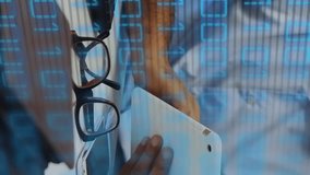 Animation of data processing over african american businessman using tablet. Global technology, social media and digital interface concept digitally generated video. - Powered by Shutterstock - Get 15% off with code: PIKWIZARD15