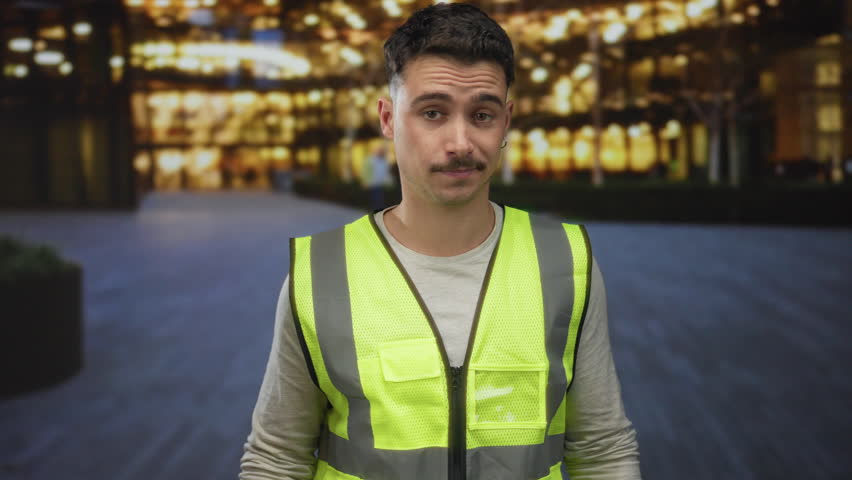 Young hispanic man in reflective vest gesturing on a city street at night, illuminated by urban lights, conveying direction and focus in an outdoor environment.
