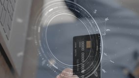 Animation of currency icons and data over man paying online with card. Global online banking, finance, business, connections and data processing concept digitally generated video. - Powered by Shutterstock - Get 15% off with code: PIKWIZARD15