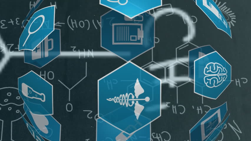 Animation of network of connections of medical icons over chemistry drawings. digital interface global connection and science concept digitally generated video. - Powered by Shutterstock - Get 15% off with code: PIKWIZARD15