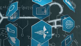 Animation of network of connections of medical icons over chemistry drawings. digital interface global connection and science concept digitally generated video. - Powered by Shutterstock - Get 15% off with code: PIKWIZARD15