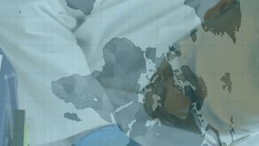 Animation of world map with hands of scientist testing with equipment in lab. ealthcare, medical research and protection during coronavirus covid 19 pandemic, digitally generated video. - Powered by Shutterstock - Get 15% off with code: PIKWIZARD15