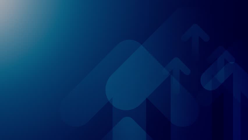 Stylized abstract background featuring upward-pointing arrow shapes over a dark blue gradient with layered transparency suggesting progress and growth