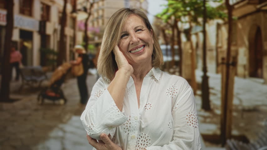 Caucasian woman smiling with hand on cheek on old town cobblestone street under warm sunlight; serenity.