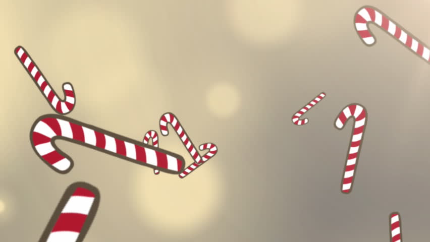 Animation of snow and christmas candy canes falling over spot lights in background. winter, christmas, tradition and celebration concept digitally generated video.