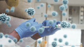 Animation of covid-19 cells over african american male doctor filling syringe with covid-19 vaccine. Covid-19 pandemic and healthcare concept - Powered by Shutterstock - Get 15% off with code: PIKWIZARD15