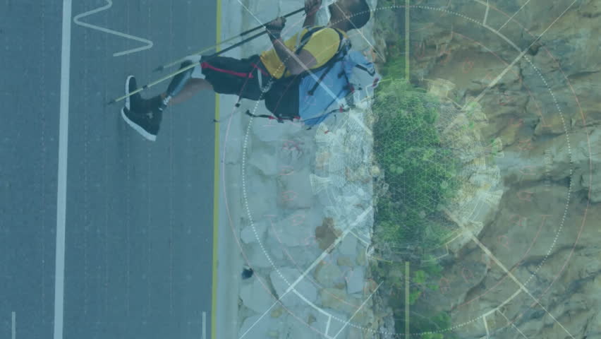 Animation of digital screen over african american man with prosthetic legs training on road. Disability, active lifestyle and digital interface concept digitally generated video.