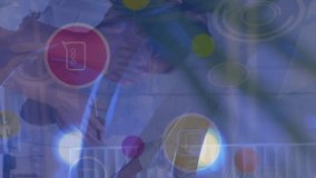 Animation of digital icons over diverse colleagues clapping for a caucasian businesswoman at office. Computer interface and business technology concept - Powered by Shutterstock - Get 15% off with code: PIKWIZARD15