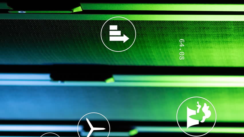 Animation of green technology icons, coding over data server racks. Digital composite, network security, data center, networking, technology, network server, sustainable, environmental conservation.