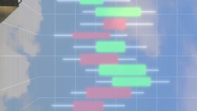 Animation of candle stick graphs and grid pattern over modern buildings against cloudy sky. Digital composite, multiple exposure, report, business, three dimensional and architecture concept. - Powered by Shutterstock - Get 15% off with code: PIKWIZARD15