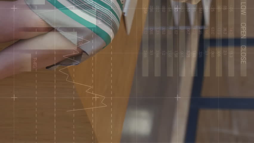 Animation of data processing and diagrams over caucasian businesswoman using tablet. Technology, business and digital interface concept digitally generated video.